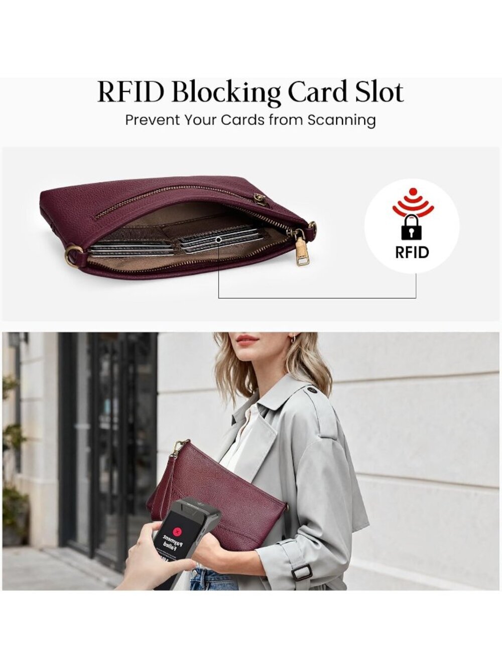 Women's Burgundy Full Grain Leather Wristlet Wallet Soft RFID Crossbody Bags - Picture 3 of 6